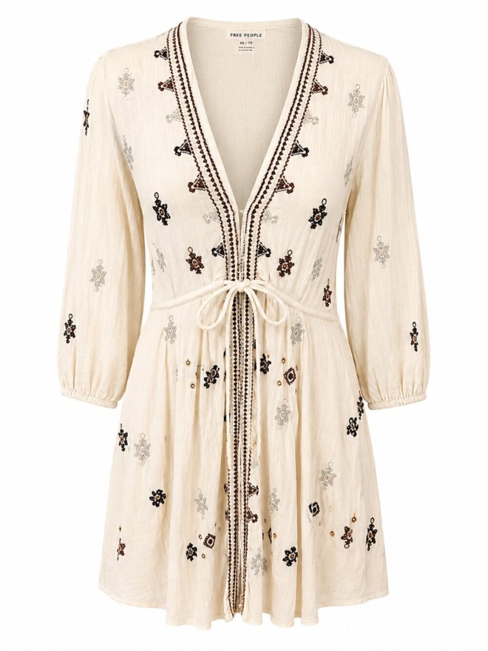 Free People Stargazer Embroidered Mini Dress  Boho Peasant Long Sleeve Size XS